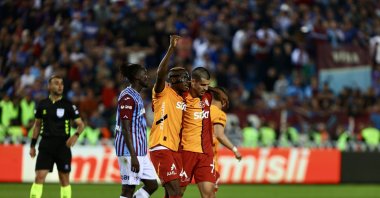 Galatasaray&#039;s Victor Osimhen (L) and Alvaro Morata celebrate after a goal during the Süper Lig match against Trabzonspor at Papara Park, Trabzon, Türkiye, May 10, 2025. (AA Photo)
