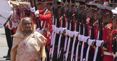 Bangladesh&#039;s Prime Minister Sheikh Hasina reviews an honor guard during a welcome ceremony at the government house, Bangkok, Thailand, April 26, 2024. (AP Photo)