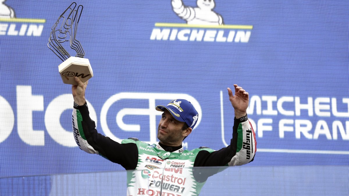 French rider Johann Zarco of LCR Honda Team celebrates winning the French MotoGP at Le Mans, France, May 11, 2025. (EPA Photo)