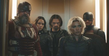 (L-R) This image released by Marvel Studios shows David Harbour, Hannah John-Kamen, Sebastian Stan, Florence Pugh and Wyatt Russell in a scene from &quot;Thunderbolts.&quot; (AP Photo)