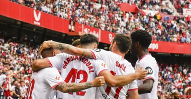 Sevilla FC's players celebrate after scoring the 1-1 tier during the Spanish La Liga match against Leganes at Ramon Sanchez Pizjuan stadium, Seville, Spain, May 4, 2025. (EPA Photo)