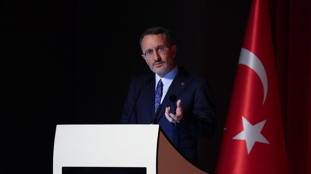 The head of the Presidency&#039;s Directorate of Communications, Fahrettin Altun, speaks at a symposium, Istanbul, Türkiye, April 24. 2025. (AA Photo)