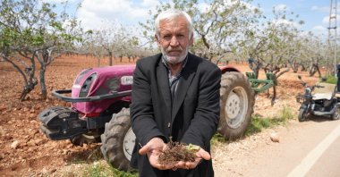 A farmer stands in front of a tractor and fields affected by frost, Gaziantep, Türkiye, May 3, 2025. (İHA Photo)
