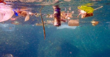 Polluted lake water containing visible microplastic fragments and fibers. (Shutterstock Photo) 