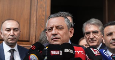 CHP Chairman Özgür Özel speaks to reporters following a visit to TÜSIAD, May 7, 2025. (AA File Photo)