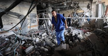 Palestinian hospital staff inspect the destruction inside Nasser hospital in Khan Younis, southern Gaza Strip, Palestine, May 13, 2025. (AFP Photo)