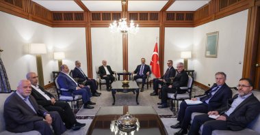 Foreign Minister Hakan Fidan is seen with the Hamas Shura Council head and delegation in the capital Ankara, Türkiye, April 19, 2025 (AA Photo) 