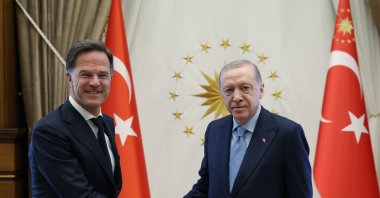 NATO Secretary-General Mark Rutte (L) shakes hands with President Recep Tayyip Erdoğan before their meeting, Ankara, Türkiye, May 13, 2025. (AA Photo)