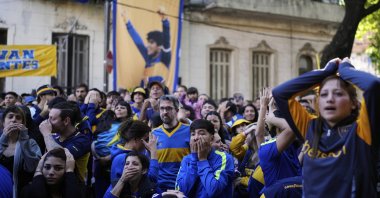 Boca Juniors fans react to a play in a local tournament match against River Plate in La Boca neighborhood, Buenos Aires, Argentina, April 27, 2025. (AP Photo)