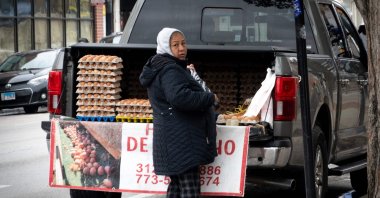 A street vendor sells eggs along 26th Street, the heart of the commercial district in the Little Village neighborhood, in Chicago, Illinois, U.S., May 5, 2025. (AFP Photo)
