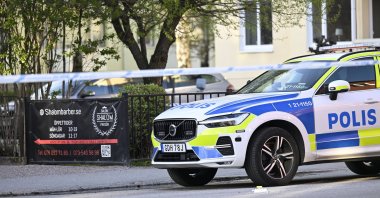 Police at the scene after a suspected shooting at Vaksala Square in Uppsala, Sweden, April 29, 2025. (EPA Photo)