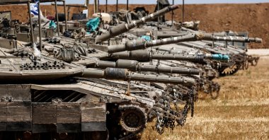 Israeli tanks stand near the border between Israel and the Gaza Strip, as seen from the Israeli side of the border, May 13, 2025. (Reuters Photo)
