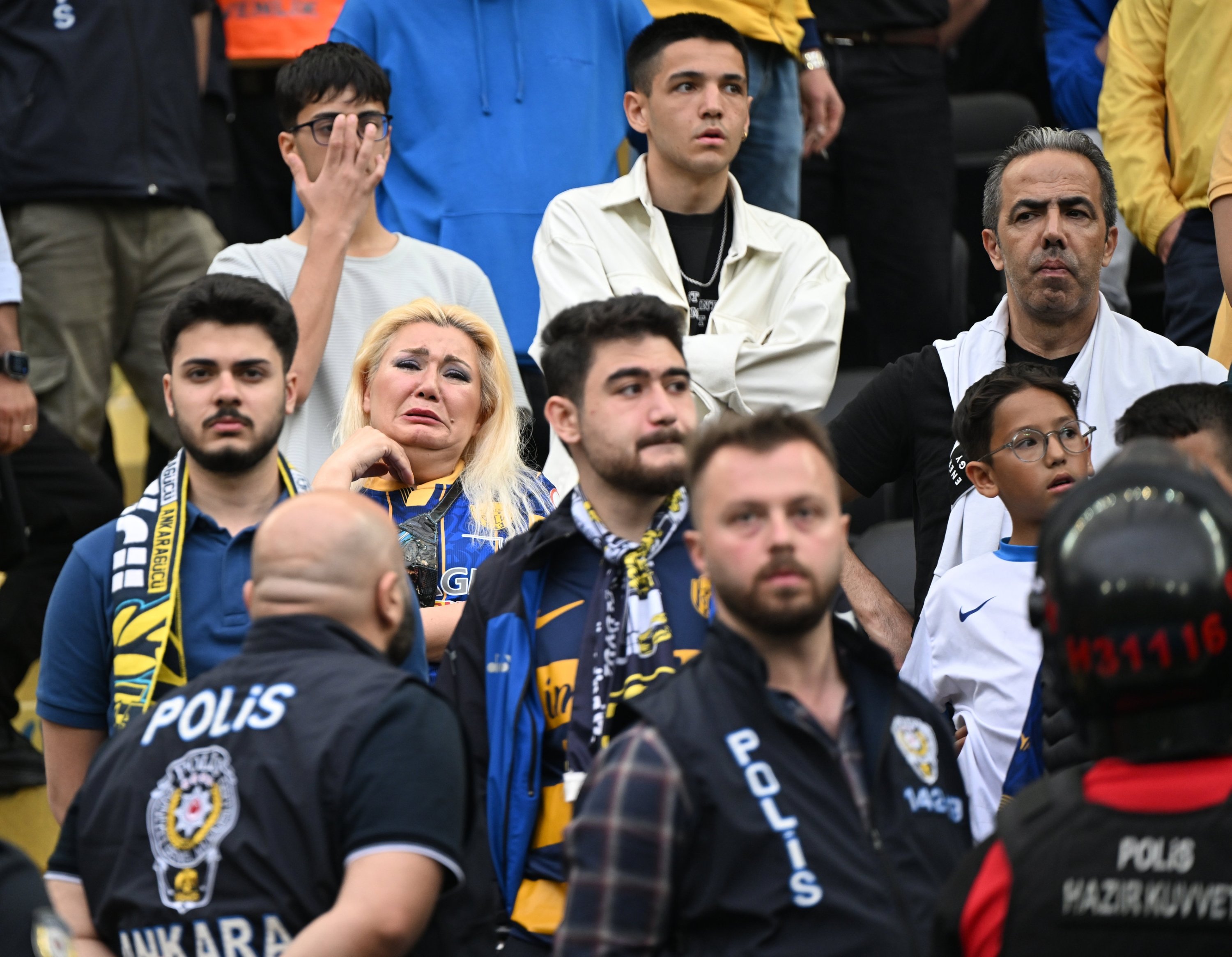 Ankaragücü fans react after their relegation following the 1. Lig week 38 match against Amed Sportif Faaliyetler, Ankara, Türkiye, May 10, 2025. (IHA Photo)