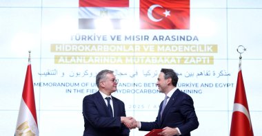 Energy and Natural Resources Minister Alparslan Bayraktar (R) shakes hands with Egyptian Petroleum and Mineral Resources Minister Karim Badawi, after signing an MoU, Ankara, Türkiye, May 13, 2025. (AA Photo)