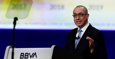 BBVA CEO Onur Genҫ addresses the Annual General Meeting of Shareholders at the Palacio Euskalduna in Bilbao, Spain, March 21, 2025. (Reuters Photo)