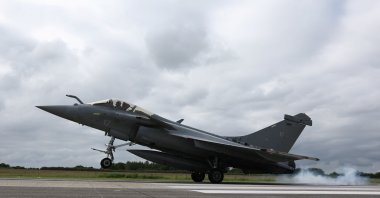 A French fighter aircraft Rafale M, manufactured by Dassault Aviation, takes part in a practice session for a simulated landing on an aircraft carrier at the Landivisiau Navy Air Base (BAN Landivisiau) in Saint-Servais, Brittany, France, May 7, 2025. (Reuters Photo)