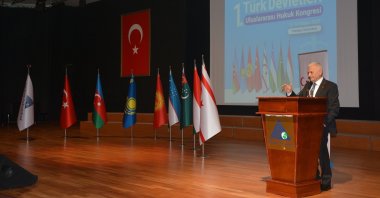 Chairman of the Council of Elders of the Organization of Turkic States (OTS) Binali Yıldırım speaks at the First Legal Congress of Turkic States at Yeditepe University in Istanbul, May 14, 2025. (DHA Photo)