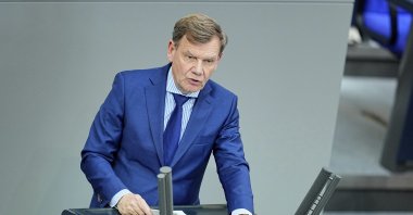 German Foreign Minister Johann Wadephul delivers a speech during a meeting of the German parliament, Bundestag, at the Reichstag building in Berlin, Germany, Wednesday, May 14, 2025. (AP Photo)