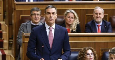  Spain&#039;s Prime Minister Pedro Sanchez speaks during the Government control session at the Congress of Deputies (Lower House) in Madrid, Spain, May 14, 2025. (EPA Photo)