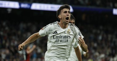 Real Madrid&#039;s Jacobo Ramon celebrates after scoring the 2-1 goal during the Spanish La Liga match between Real Madrid and Real Mallorca, Madrid, Spain, May 14, 2025. (EPA Photo)