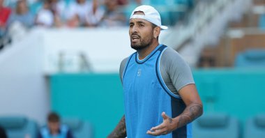 Nick Kyrgios reacts toward his player&#039;s box after losing a point against Mackenzie McDonald on Day 2 of the Miami Open at Hard Rock Stadium, Miami, U.S., March 19, 2025. (Reuters Photo)