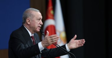 President Recep Tayyip Erdoğan gestures as he speaks at the Organization Academy Leadership School in Ankara, May 15, 2025. (IHA Photo)