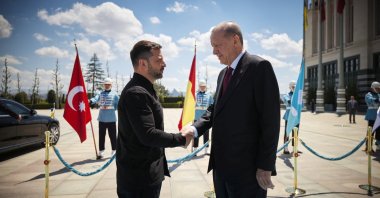 President Recep Tayyip Erdoğan welcomes Ukraine&#039;s President Volodymyr Zelenskyy at the Presidential Complex in Ankara, Türkiye, May 15, 2025. (Reuters Photo)