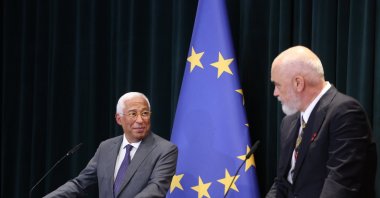 Albania&#039;s Prime Minister Edi Rama (R) and European Council President Antonio Costa (L) attend a joint press conference following their meeting in Tirana, Albania, May 15, 2025. (EPA Photo)