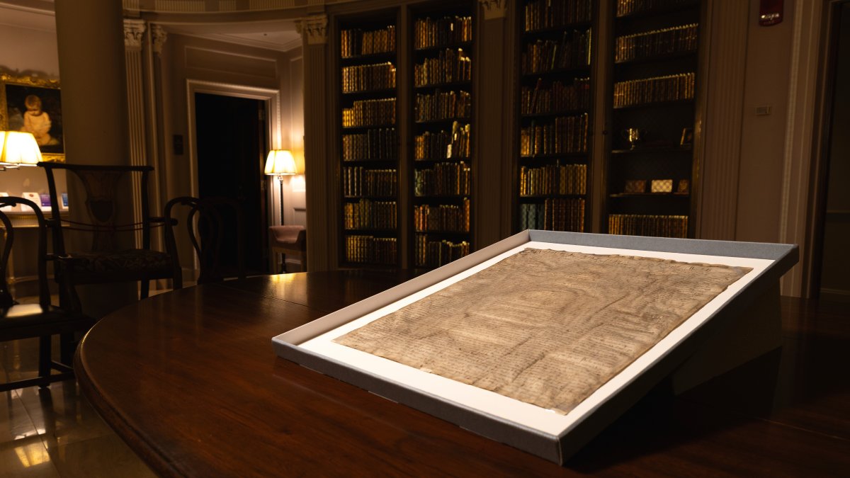 This photo provided by Harvard Law School shows a rare copy of the Magna Carta from 1300 in a display case at Harvard Law School in Cambridge, Massachusetts, U.S., April 15, 2025. (AP Photo)