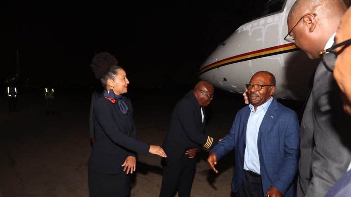 Former Gabon leader Ali Bongo Ondimba (3rd L) walking after getting off a plane at an airport, Luanda, Angola, May 16, 2025. (AFP Photo)