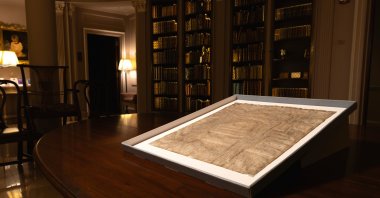 This photo provided by Harvard Law School shows a rare copy of the Magna Carta from 1300 in a display case at Harvard Law School in Cambridge, Massachusetts, U.S., April 15, 2025. (AP Photo)