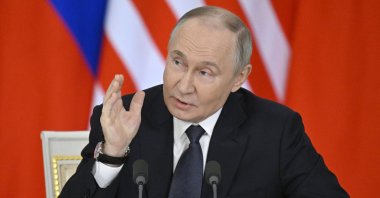 Russian President Vladimir Putin speaks during a joint media statement with Malaysia&#039;s prime minister following their talks at the Kremlin, Moscow, Russia, May 14, 2025. (EPA Photo)