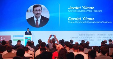 Vice President Cevdet Yılmaz speaks during the Türkiye-Uzbekistan Business Forum, Tashkent, Uzbekistan, May 15, 2025. (AA Photo)