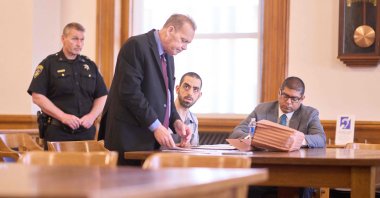 Hadi Matar, the man convicted of stabbing author Salman Rushdie, listens as his lawyer Nathaniel Barone speaks during Matar’s sentencing hearing at the Chautauqua County Courthouse in Chautauqua, New York, May 16, 2025. (AFP Photo)