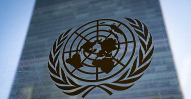 The symbol of the United Nations is displayed outside the Secretariat Building in New York, Feb. 28, 2022. (AP File Photo)