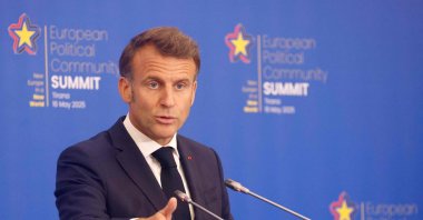 France&#039;s President Emmanuel Macron gives a press conference during the European Political Community (EPC) summit, in Tirana, May 16, 2025. (AFP Photo)