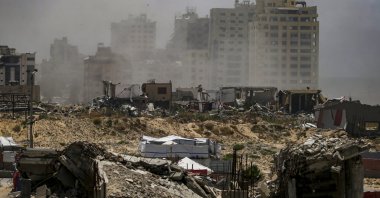 Smoke rises following an Israeli air strike near tents of Internally displaced Palestinians in the west of Gaza City, Gaza Strip, May 16, 2025. (EPA Photo)