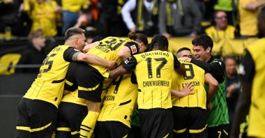 Dortmund&#039;s players celebrate after a goal during the German first division Bundesliga football match against Holstein Kiel, Dortmund, Germany, May 17, 2025. (AFP Photo)