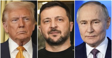 (L-R) This collage shows U.S. President Donald Trump, Ukraine&#039;s President Volodymyr Zelenskyy and President Vladimir Putin. (AP Photo)
