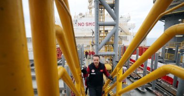 Energy and Natural Resources Minister Alparslan Bayraktar is photographed while visiting the deep-sea drilling vessel Abdülhamid Han, operating in the Göktepe-3 well in the Black Sea, northern Türkiye, May 16, 2025. (DHA Photo)