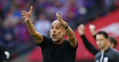 Manchester City&#039;s manager Pep Guardiola gestures during the FA Cup Final against Crystal Palace, in London, U.K., May 17, 2025. (EPA Photo)