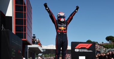 Red Bull&#039;s Max Verstappen celebrates after winning the Emilia Romagna Grand Prix at the Autodromo Enzo e Dino Ferrari, Imola, Italy, May 18, 2025. (Reuters Photo)