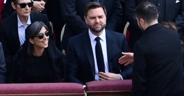 U.S. Vice President JD Vance and his wife Usha are greeted by Ukraine&#039;s President Volodymyr Zelenskyy as they arrive to attend a Holy Mass for the Beginning of the Pontificate of Pope Leo XIV, in St Peter&#039;s square, The Vatican, May 18, 2025. (AFP Photo)