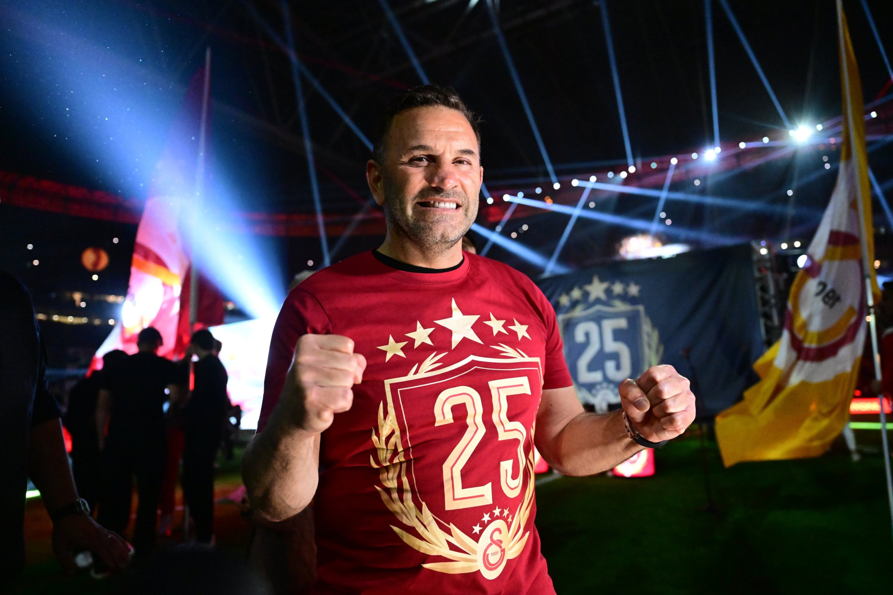 Galatasaray coach Okan Buruk celebrates after the team's record 25th Süper Lig title win at the RAMS Park, Istanbul, Türkiye, May 18, 2025. (AA Photo)