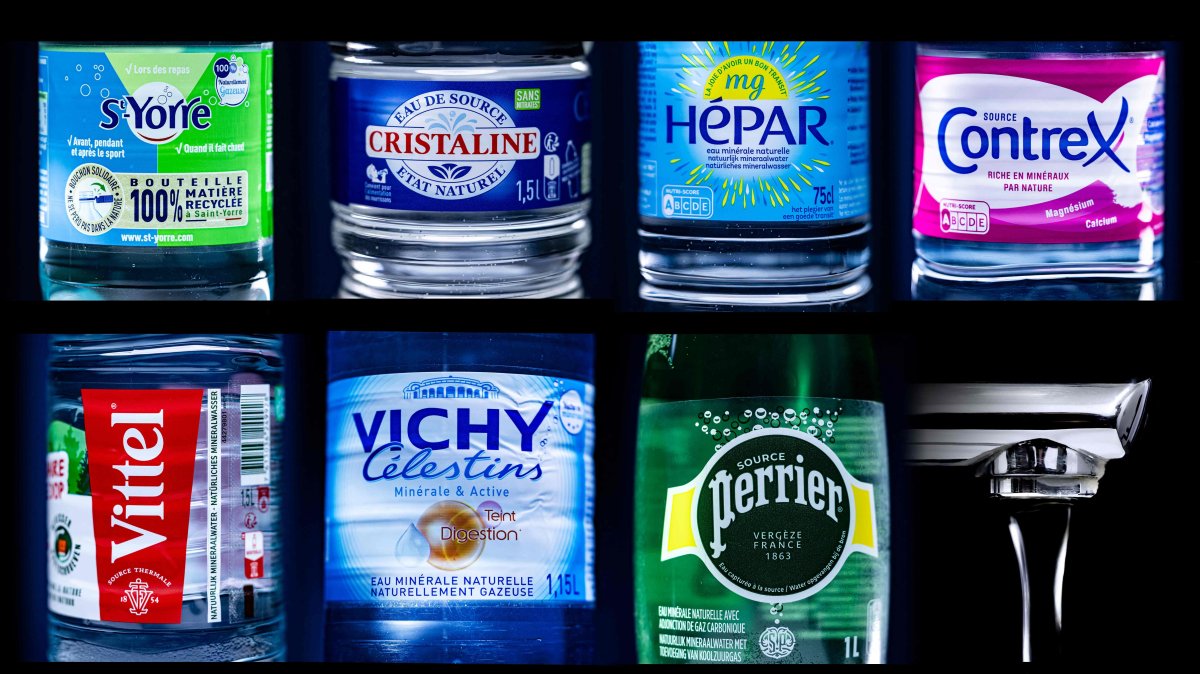 This combination of pictures shows (From L) Saint-Yorre, Perrier, Vichy Celestins, Vittel, Hepar, Cristaline and Contrex water bottles of the Nestle Waters and the Sources Alma Group and a faucet, Paris, France, Feb. 21, 2024. (AFP Photo)