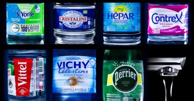 This combination of pictures shows (From L) Saint-Yorre, Perrier, Vichy Celestins, Vittel, Hepar, Cristaline and Contrex water bottles of the Nestle Waters and the Sources Alma Group and a faucet, Paris, France, Feb. 21, 2024. (AFP Photo)