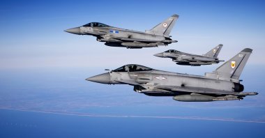 Eurofighter jets from the United Kingdom fly over the North Sea after being refueled by an MRTT aircraft coming from Eindhoven Air Base as part of the NATO exercise &quot;Ramstein,” April 2, 2025. (EPA Photo)