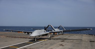 A Bayraktar TB3 drone produced by Baykar aboard a military vessel, somewhere in the Mediterranean Sea, May 11, 2025. (AA Photo)