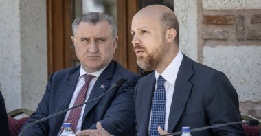 World Ethnosport Confederation (WEC) President Bilal Erdoğan (R) delivers a speech during the launch event for the 13th International Conquest Cup at Fatih Mosque, Istanbul, Türkiye, May 15, 2025. (AA Photo)