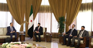 National Intelligence Agency (MIT) head Ibrahim Kalın is seen with Syrian President Ahmed al-Sharaa, Syria’s Foreign Minister Asaad al-Shaibani, and intelligence chief Hussein al-Salama, May 20, 2025. (AA Photo)